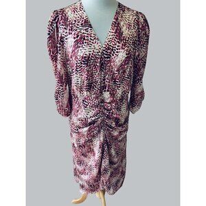 NEW EXPRESS ABSTRACT ANIMAL LEOPARD PRINT PUFF SLEEVE RUCHED HI-LO MIDI DRESS XL